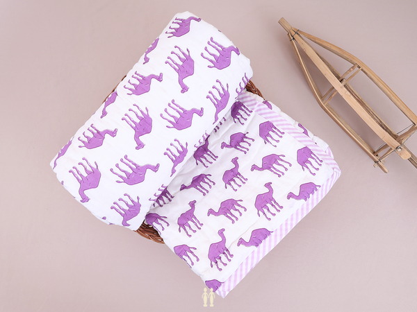 Camel Printed Design White Cotton Single Kids Bedspread