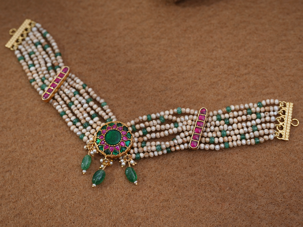 Chakram Design With Beads Gold Plated Silver Choker