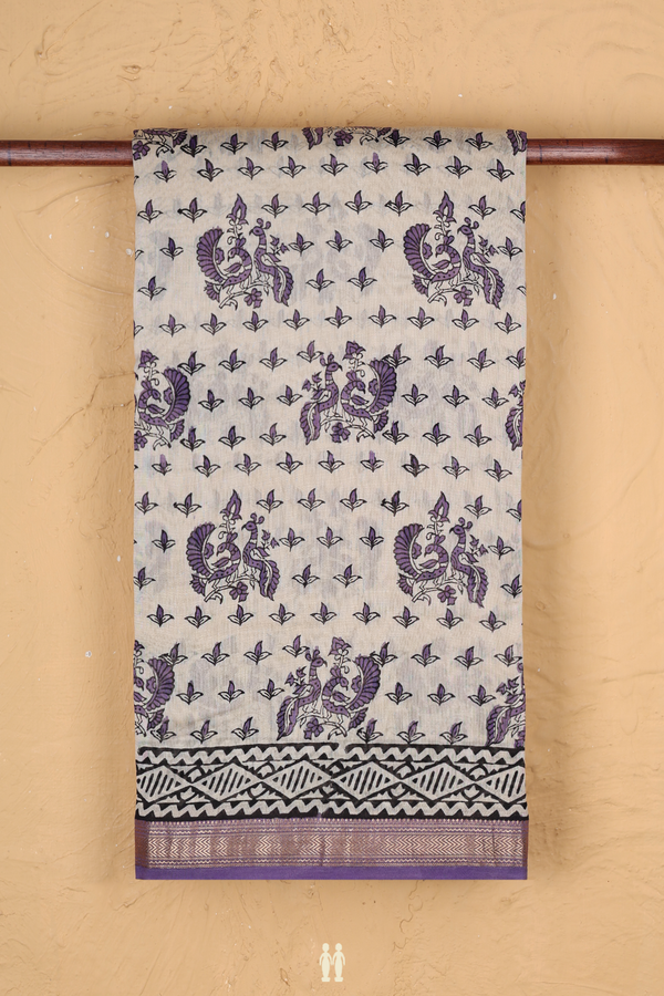 Chanderi Cotton Saree In Ivory With Peacock Design