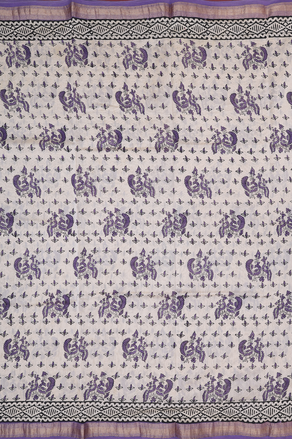 Chanderi Cotton Saree In Ivory With Peacock Design