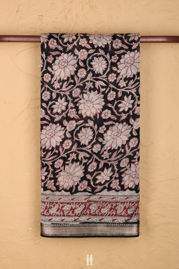 Chanderi Cotton Saree In Black With Floral Design