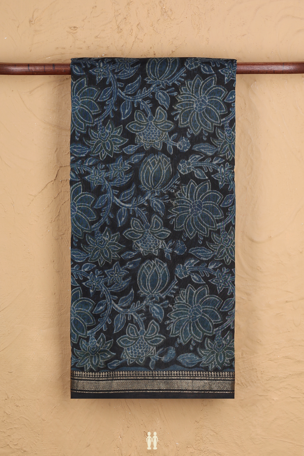 Chanderi Cotton Saree In Black With Floral Design