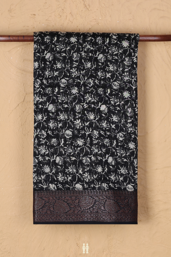 Chanderi Cotton Saree In Black With Floral Design