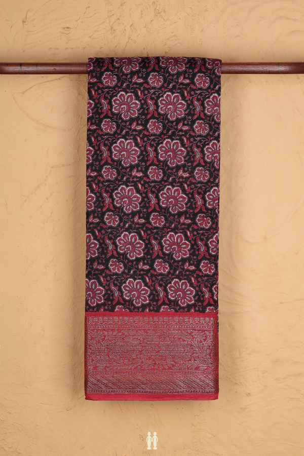 Chanderi Cotton Saree In Black With Floral Design