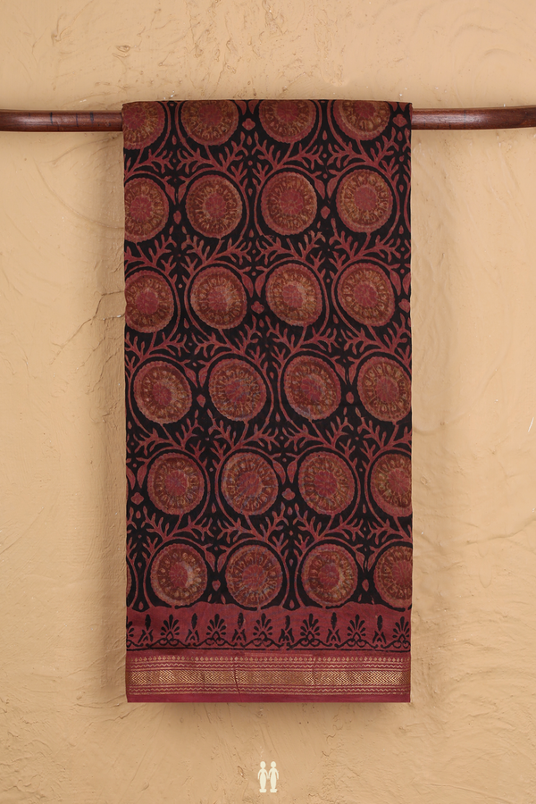 Chanderi Cotton Saree In Black With Floral Design