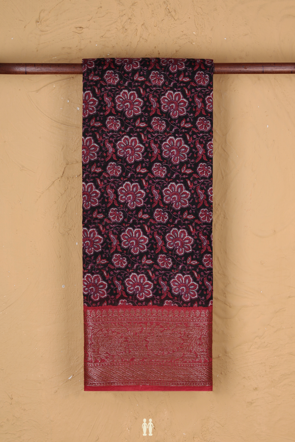 Chanderi Cotton Saree In Black With Floral Design