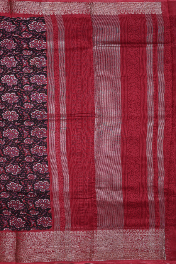 Chanderi Cotton Saree In Black With Floral Design