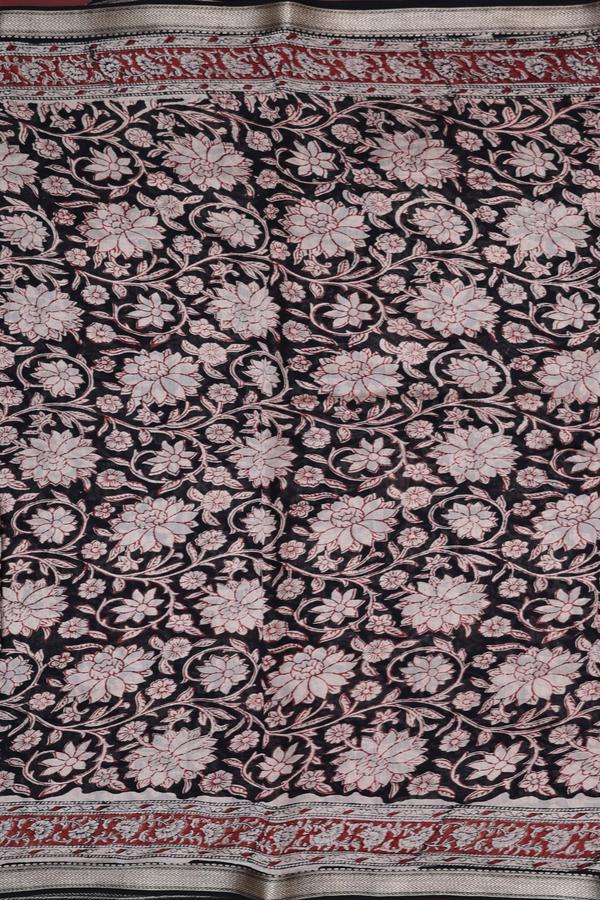 Chanderi Cotton Saree In Black With Floral Design