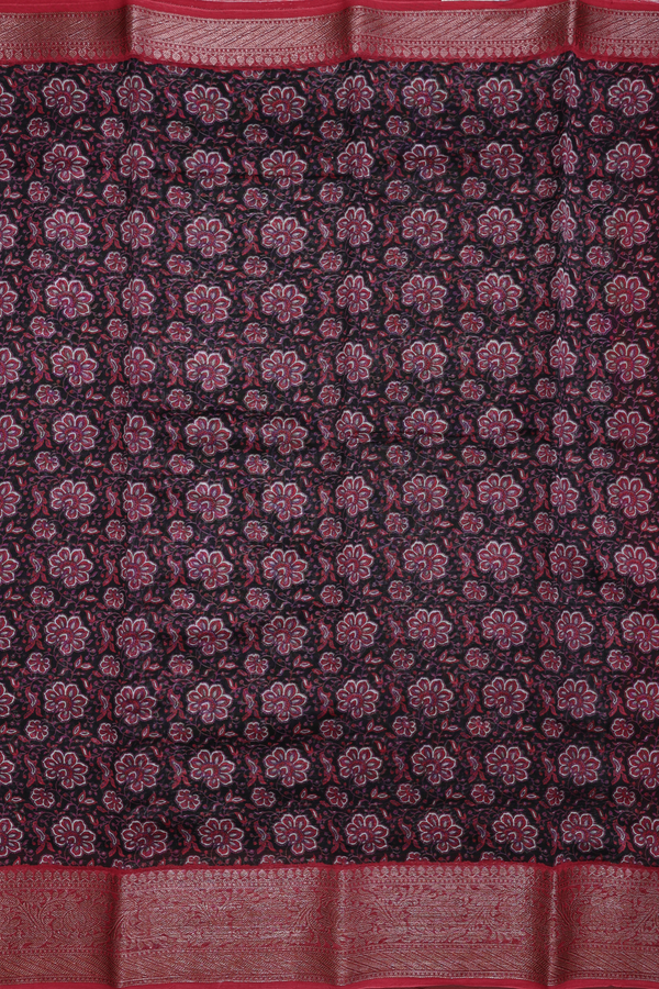 Chanderi Cotton Saree In Black With Floral Design
