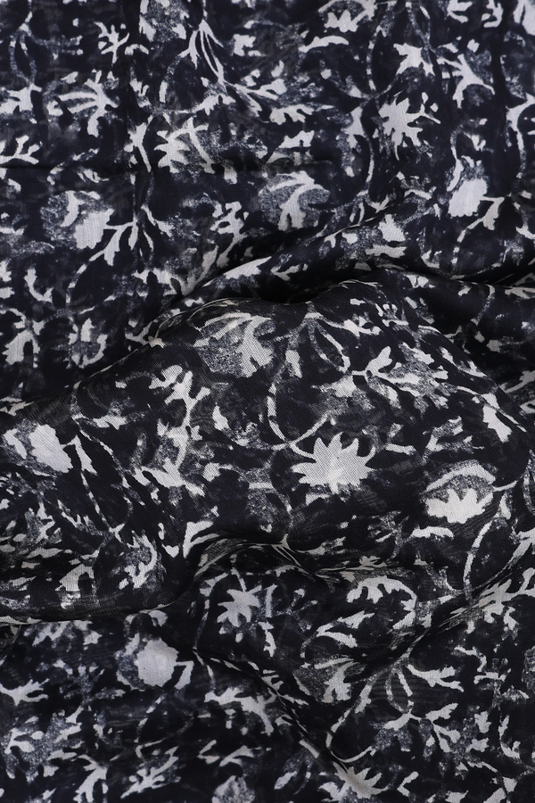 Chanderi Cotton Saree In Black With Floral Design