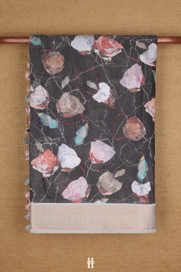 Chanderi Cotton Saree In Black With Floral Printed Design