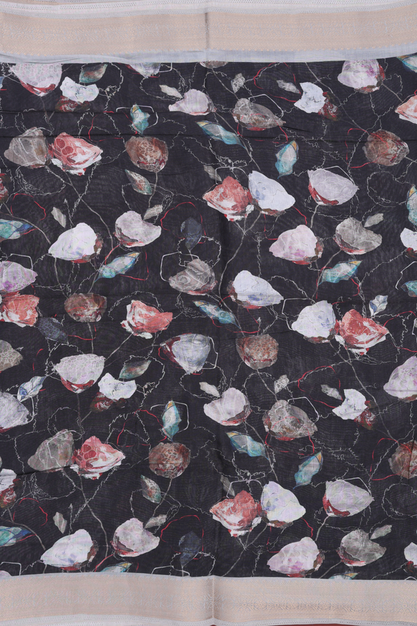 Chanderi Cotton Saree In Black With Floral Printed Design
