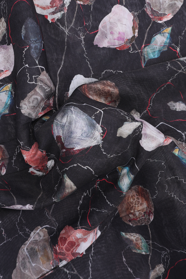 Chanderi Cotton Saree In Black With Floral Printed Design