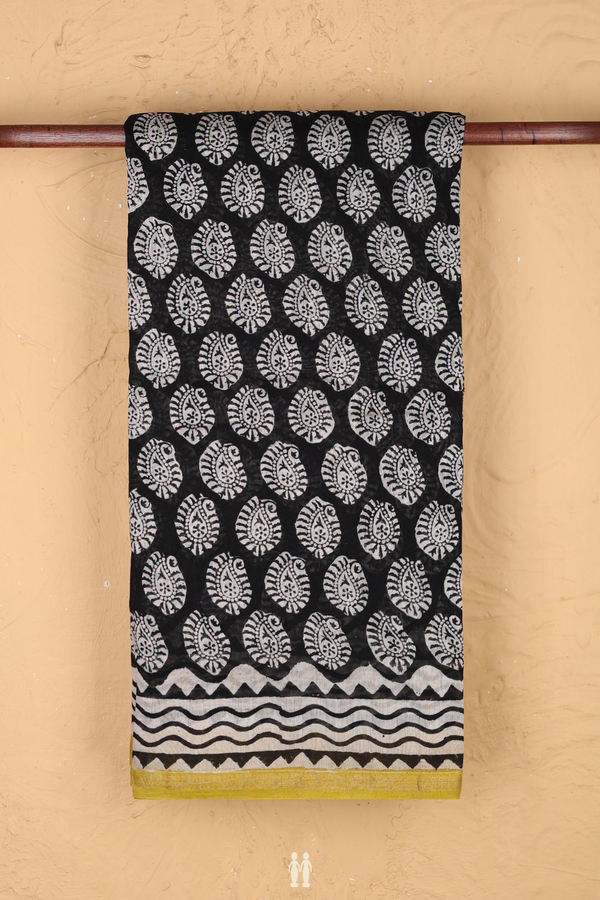 Chanderi Cotton Saree In Black With Paisley Design