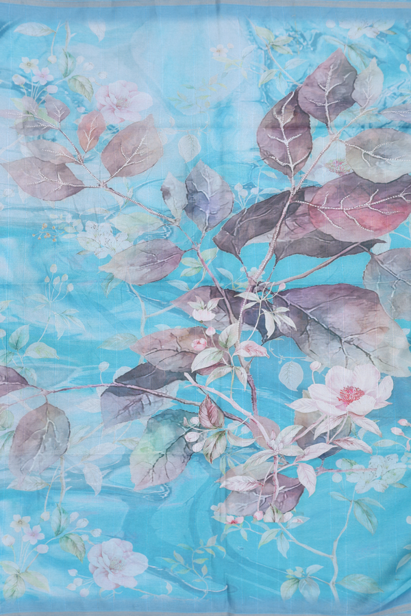 Chanderi Cotton Saree In Blue And Purple With Floral Printed