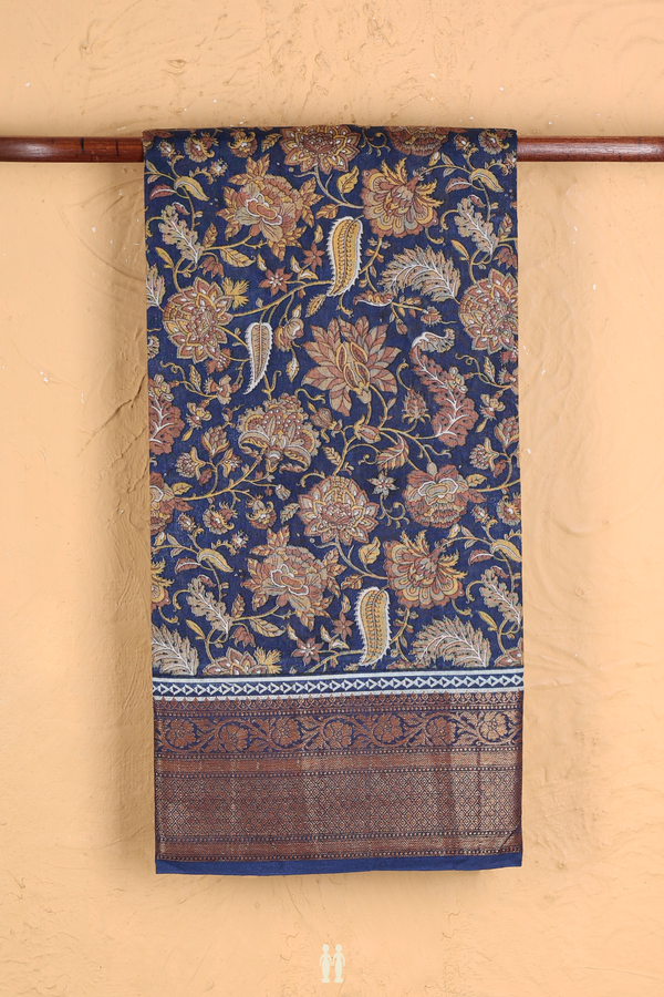 Chanderi Cotton Saree In Blue With Floral Design