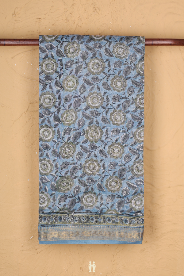 Chanderi Cotton Saree In Blue With Floral Design