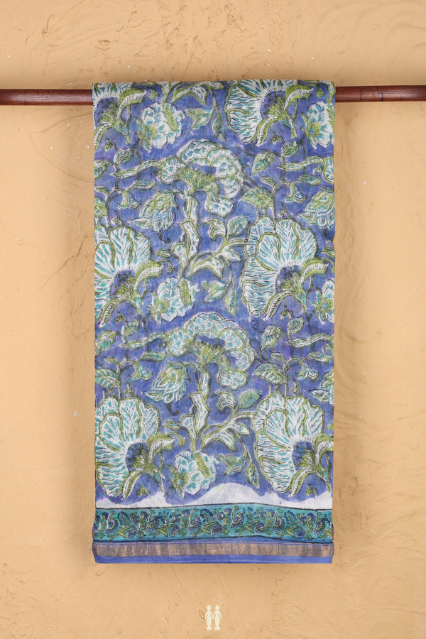 Chanderi Cotton Saree In Blue With Floral Design
