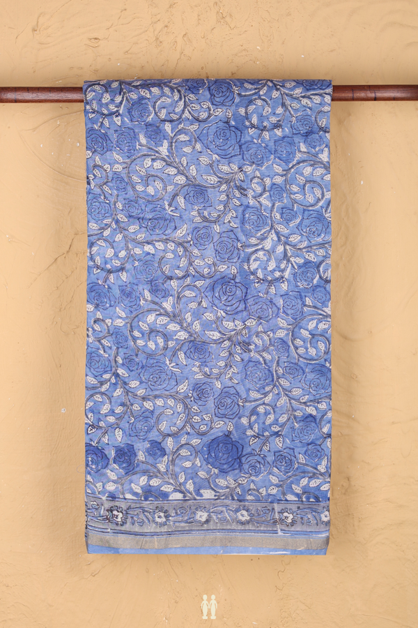 Chanderi Cotton Saree In Blue With Floral Design