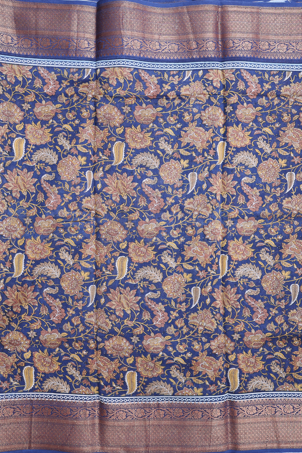 Chanderi Cotton Saree In Blue With Floral Design