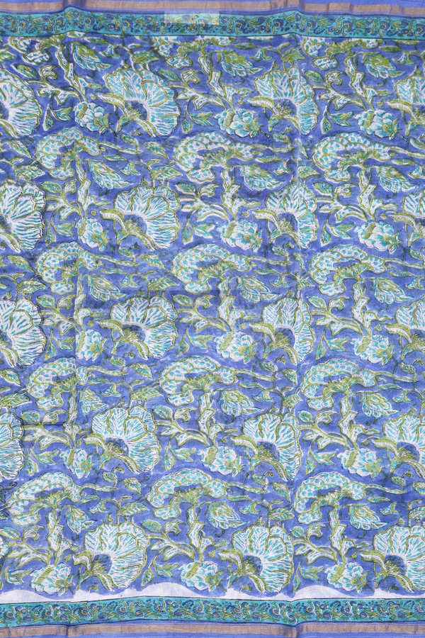 Chanderi Cotton Saree In Blue With Floral Design