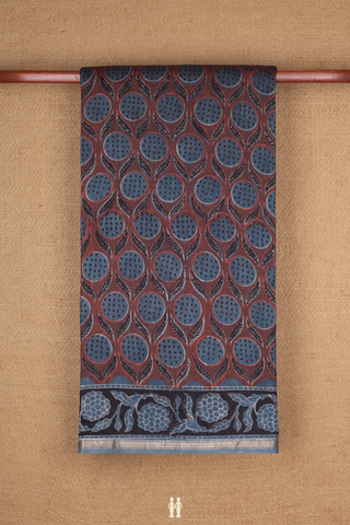 Chanderi Cotton Saree In Brick Red With Ajrakh Printed