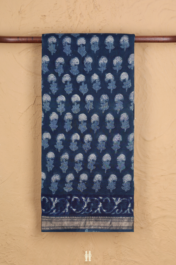 Chanderi Cotton Saree In Capri Blue With Floral Design