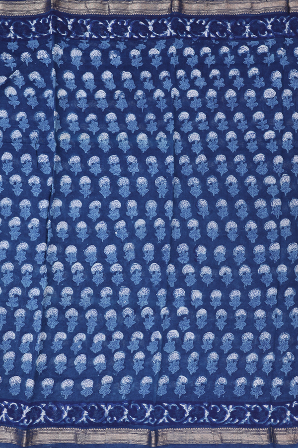 Chanderi Cotton Saree In Capri Blue With Floral Design