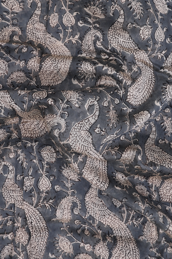 Chanderi Cotton Saree In Charcoal Grey With Peacock Design