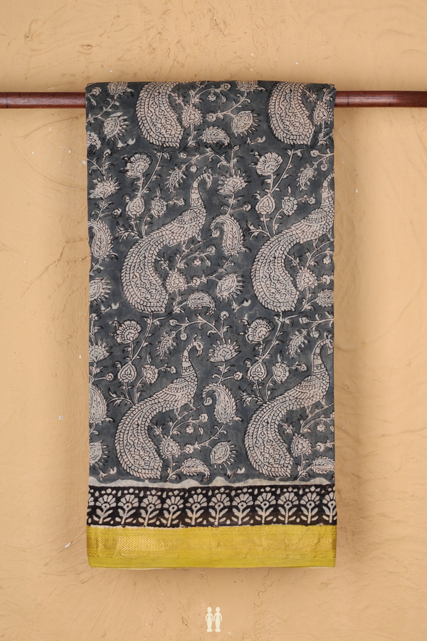 Chanderi Cotton Saree In Charcoal Grey With Peacock Design