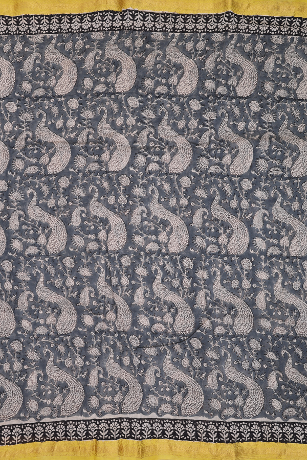 Chanderi Cotton Saree In Charcoal Grey With Peacock Design