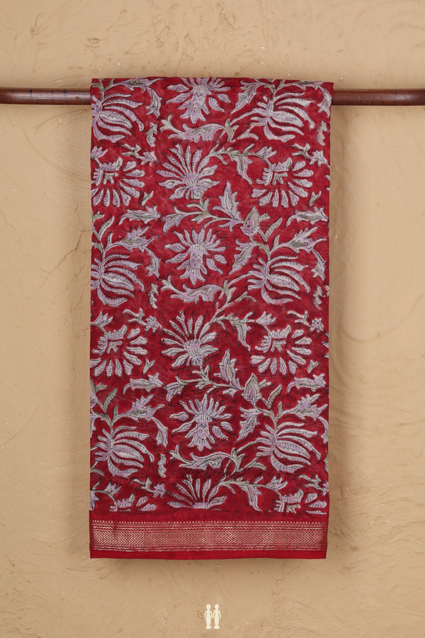 Chanderi Silk Cotton Saree In Crimson Red With Floral Design