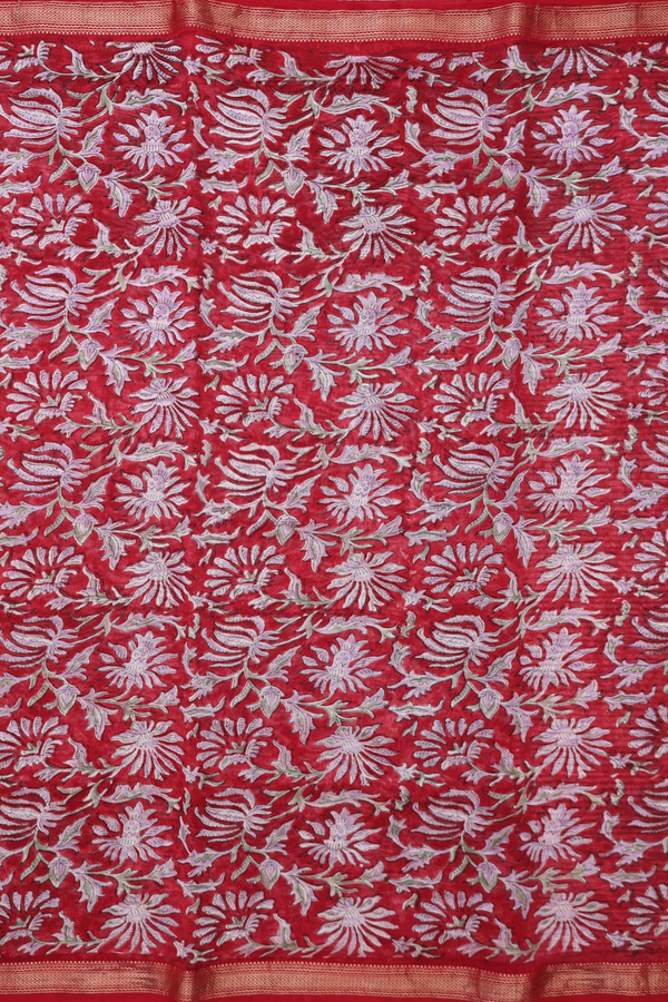 Chanderi Silk Cotton Saree In Crimson Red With Floral Design