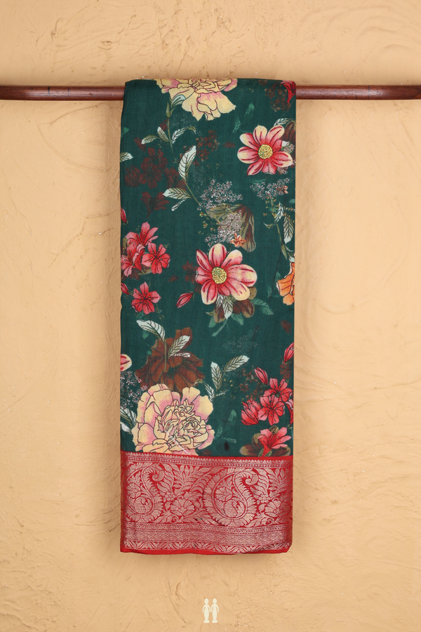 Chanderi Cotton Saree In Forest Green With Floral Design