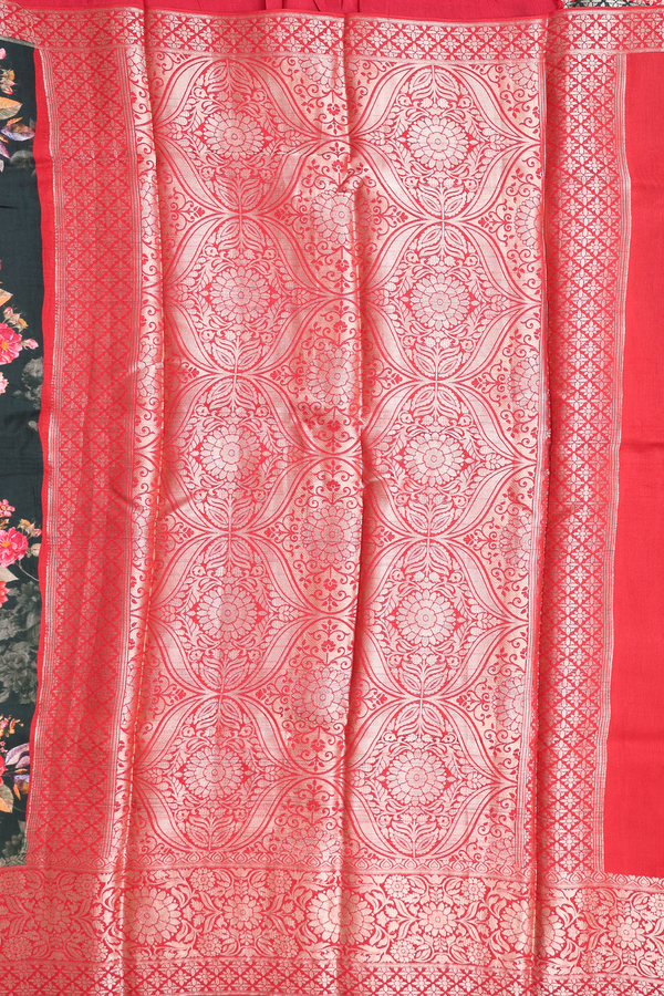 Chanderi Cotton Saree In Forest Green With Floral Design