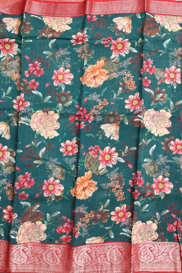 Chanderi Cotton Saree In Forest Green With Floral Design