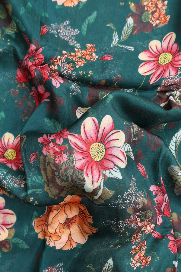 Chanderi Cotton Saree In Forest Green With Floral Design