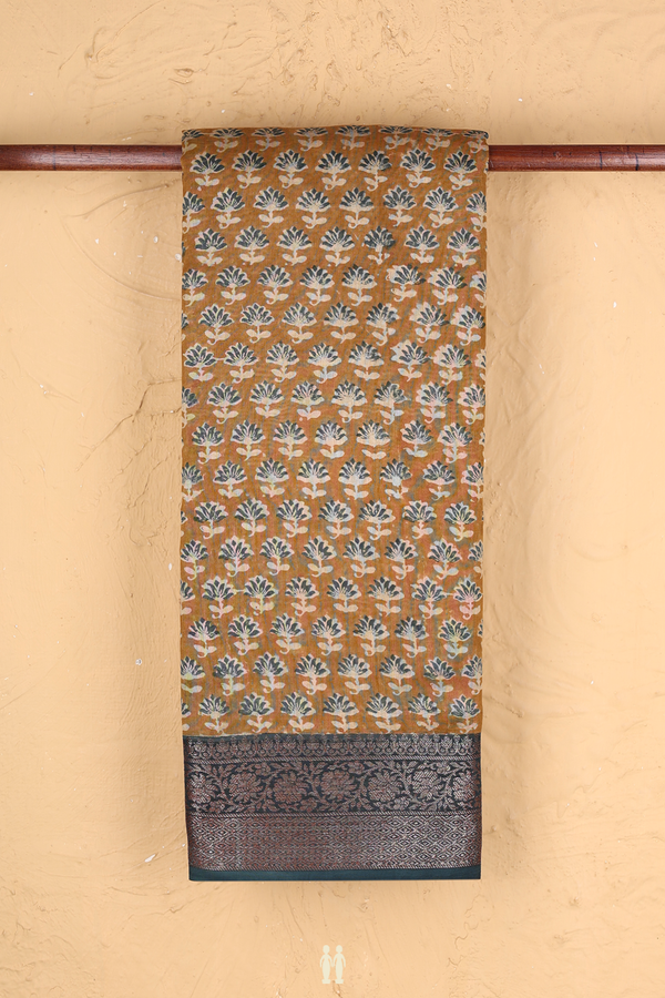 Chanderi Cotton Saree In Golden Brown With Floral Design