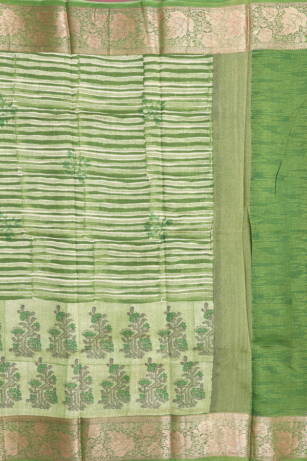 Chanderi Cotton Saree In Green And Beige With Stripes Design