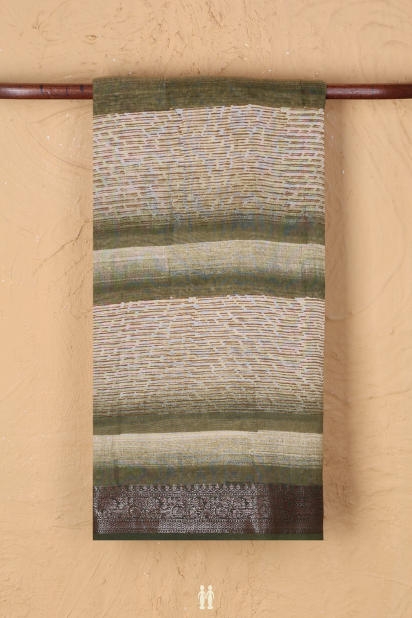 Chanderi Cotton Saree In Green And Cream With Stripes Design