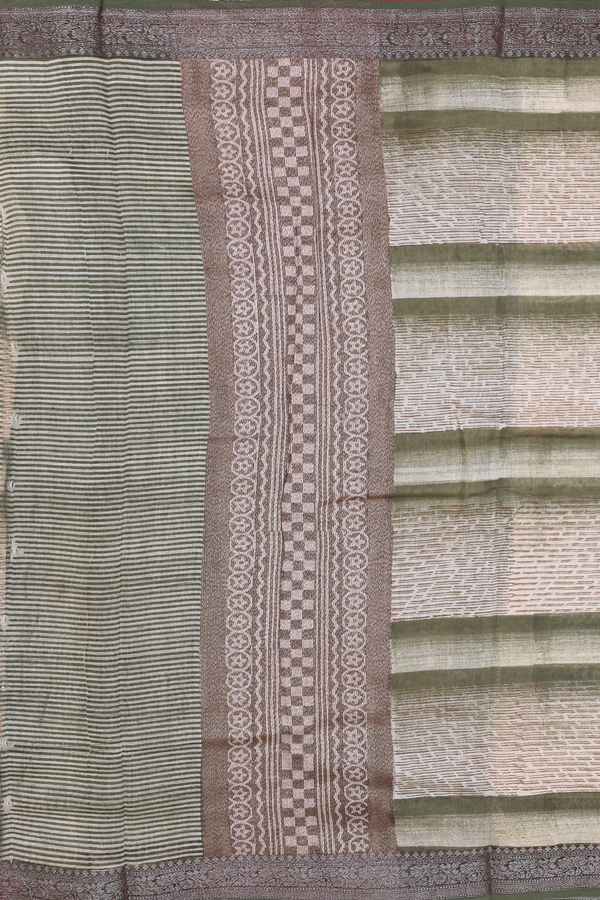 Chanderi Cotton Saree In Green And Cream With Stripes Design