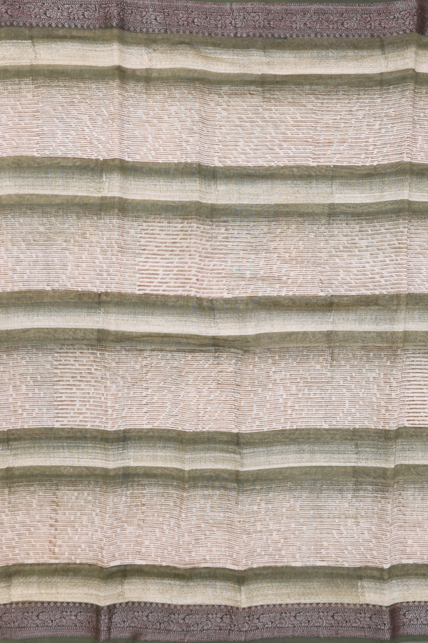 Chanderi Cotton Saree In Green And Cream With Stripes Design