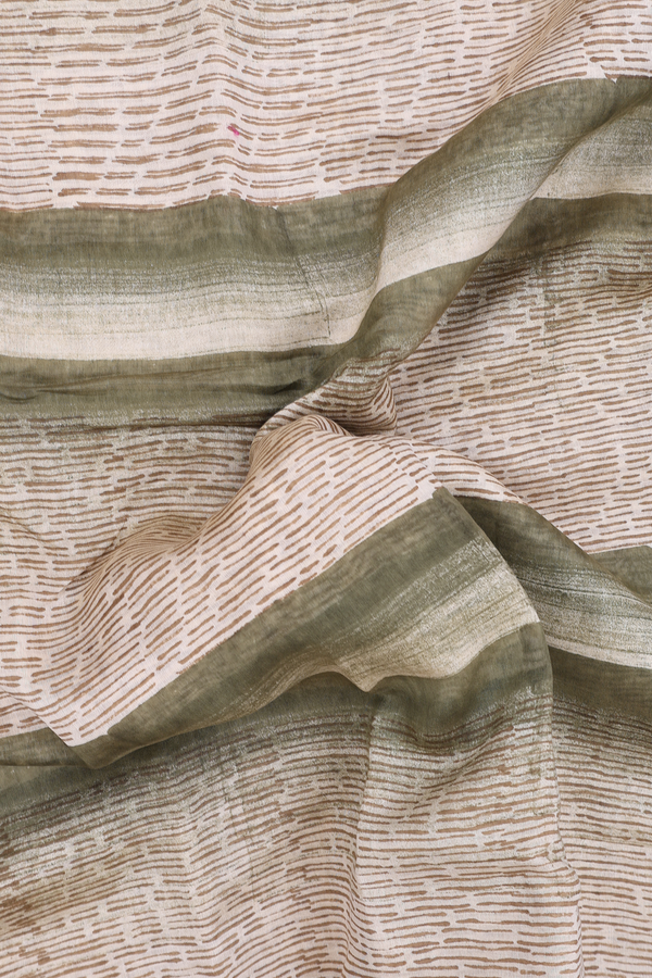 Chanderi Cotton Saree In Green And Cream With Stripes Design