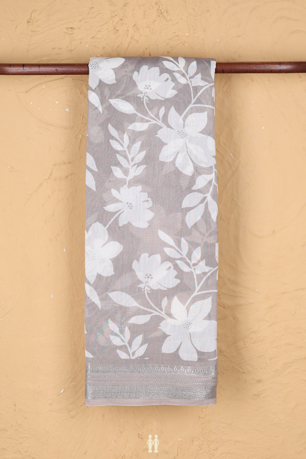 Chanderi Cotton Saree In Grey With Floral Printed Design