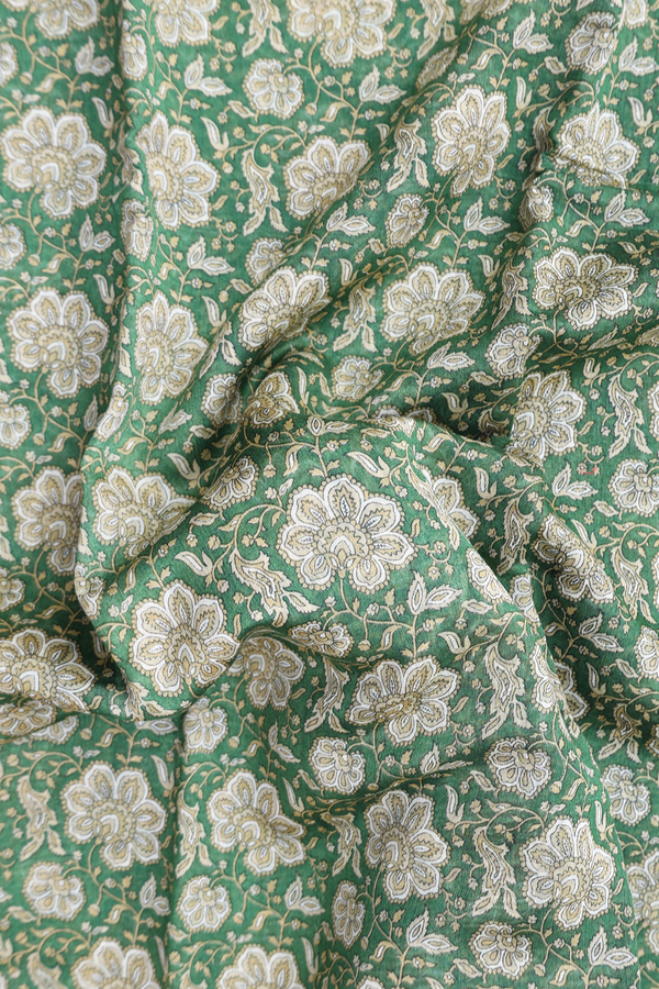 Chanderi Cotton Saree In Fern Green With Floral Design