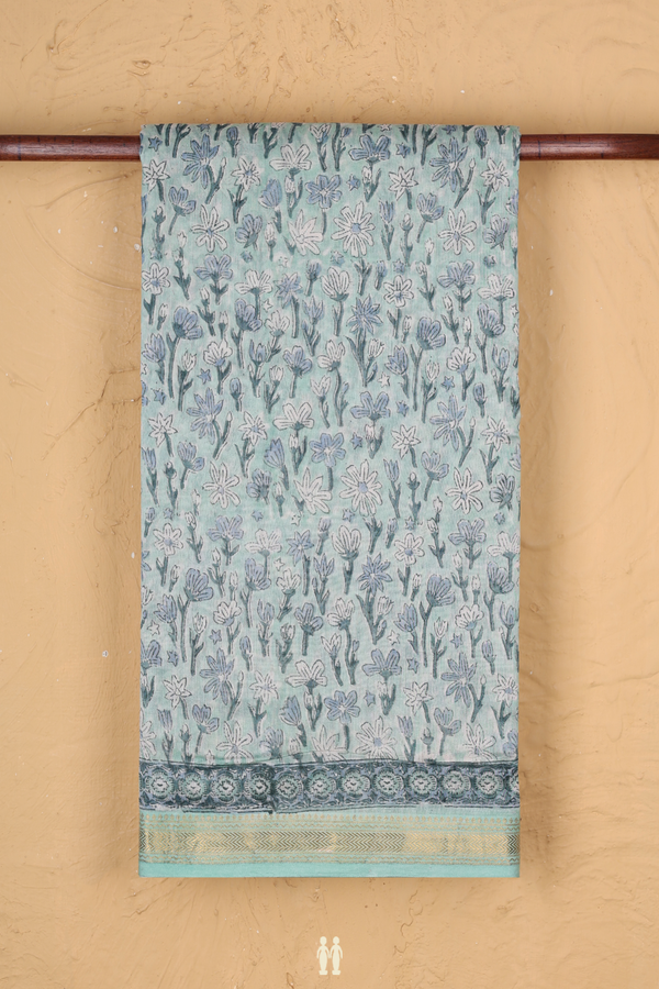 Chanderi Cotton Saree In Mint Blue With Floral Design