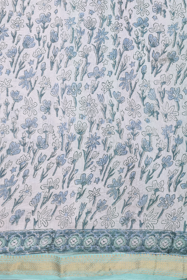 Chanderi Cotton Saree In Mint Blue With Floral Design