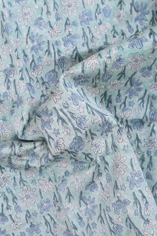 Chanderi Cotton Saree In Mint Blue With Floral Design