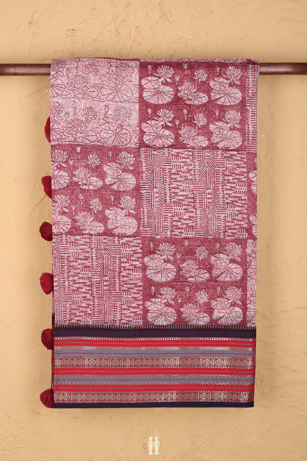 Chanderi Cotton Saree In Mulberry With Printed Design