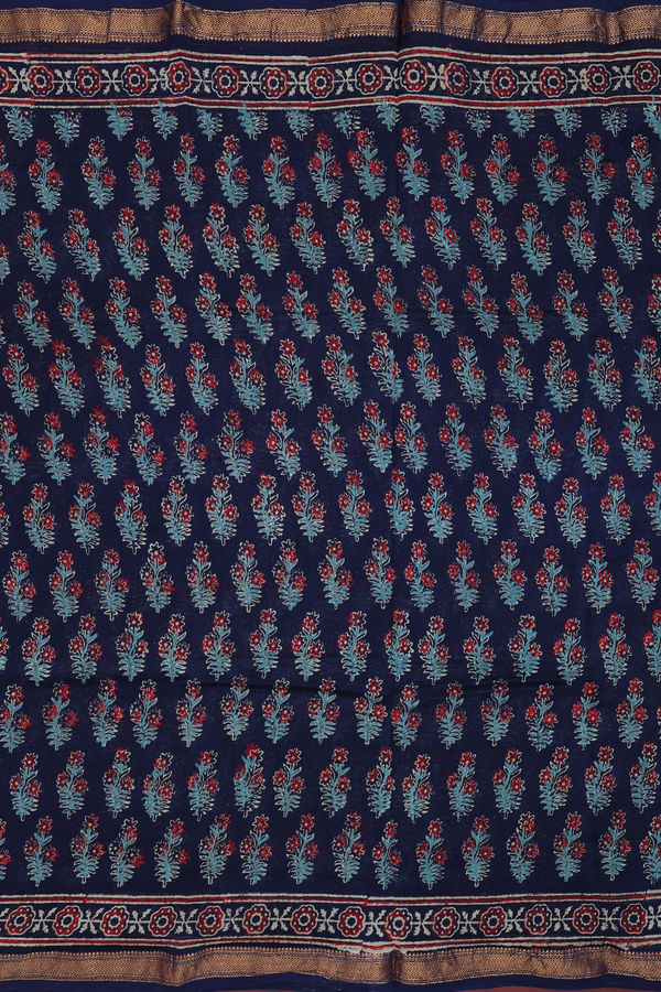 Chanderi Cotton Saree In Navy Blue With Floral Design